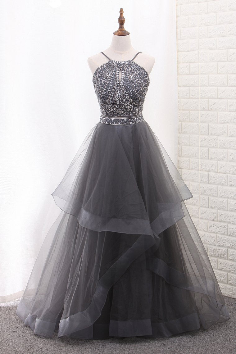 2023 A Line Tulle Spaghetti Straps Two-Piece Prom Dresses With Beads
