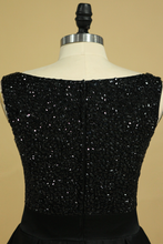 Load image into Gallery viewer, 2024 Black Prom Dresses Black Bodice Scoop Satin Floor Length Beaded &amp; Belt