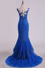 Load image into Gallery viewer, 2024 Mermaid Evening Dresses Bateau Sweep Train With Applique Tulle