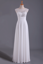 Load image into Gallery viewer, 2024 White Bateau A-Line Prom Dresses Chiffon Floor-Length With Beads And Applique
