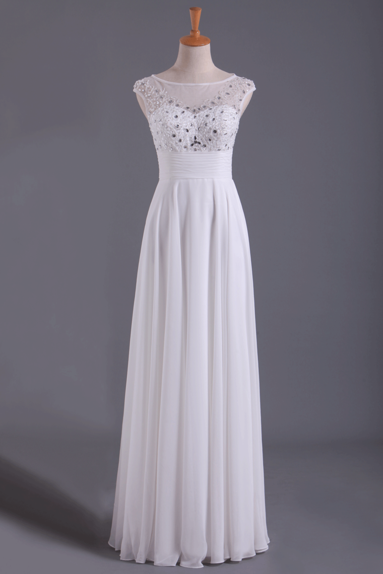 2024 White Bateau A-Line Prom Dresses Chiffon Floor-Length With Beads And Applique