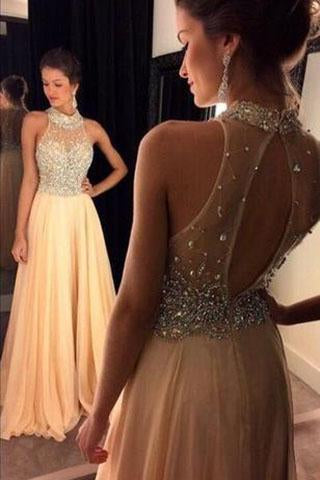 Champagne Chiffon Crystals Beaded Sleeveless A-line Open Back Halter Evening Dresses RS19