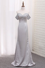 Load image into Gallery viewer, 2024 Off The Shoulder Satin Mermaid Prom Dresses With Beading