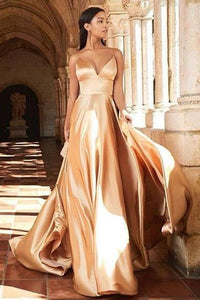 Simple A Line Spaghetti Straps V Neck Prom Dresses with Pockets, Backless Long Dance Dress SRS15384