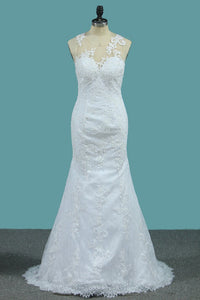 2024 Mermaid Wedding Dresses Tulle Scoop With AppliqueCourt Train Detachable