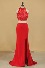 Load image into Gallery viewer, 2024 Two-Piece High Neck Spandex Prom Dresses Sheath With Beads And Applique Open Back