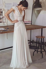 Load image into Gallery viewer, Unique V Neck Cap Sleeves Chiffon Beach Wedding Dress With Beading SRSPGG9HAF7
