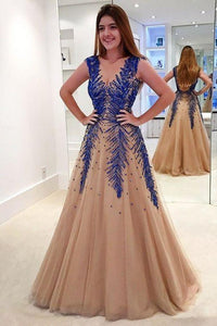 2023 Floor Length V Neck Tulle Prom Dresses With Appliques A Line