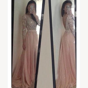 Long Sleeve Backless Long Sexy Lace Pink Beads A-Line Scoop Prom Dresses RS943