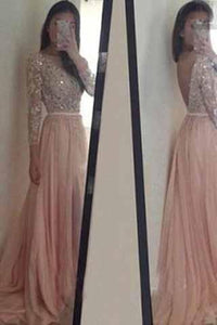 Long Sleeve Backless Long Sexy Lace Pink Beads A-Line Scoop Prom Dresses RS943