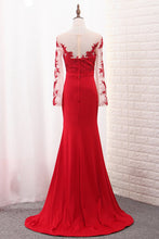 Load image into Gallery viewer, 2024 Long Sleeves Scoop Spandex Prom Dresses Mermaid With Applique Sweep Train