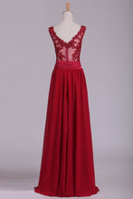 Load image into Gallery viewer, 2024 Burgundy V-Neck Prom Dresses A Line Chiffon With Applique