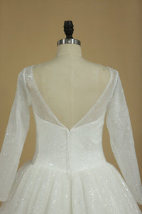 2024 Wedding Dresses A-Line V-Neck Chapel Train Tulle Long Sleeves