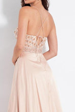 Load image into Gallery viewer, Modest Spaghetti Straps Long V-Neck Open Back Pink Beading Prom Dresses