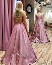 Load image into Gallery viewer, Unique A line Pink Sequins Spaghetti Straps Prom Dresses, Evening SRS15678