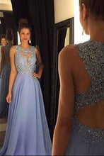 Load image into Gallery viewer, Lace Open Back Sexy Blue Chiffon Cheap A-Line Beads Sleeveless Scoop Prom Dresses RS942