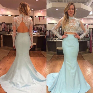 Pretty Two Pieces High Neck Long Sleeve Lace Prom Dress Sexy Mermaid Prom Dresses RS682