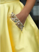 Load image into Gallery viewer, Charming A Line Yellow Satin Strapless Beads Party Dresses with Pockets SRS15568