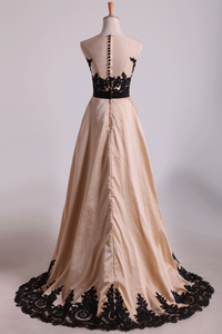2024 Asymmetrical Bateau Prom Dresses Taffeta With Applique And Sash