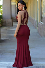 Load image into Gallery viewer, Wine chiffon mesh long sleeves lace applique slim long prom dresses