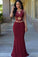 Wine chiffon mesh long sleeves lace applique slim long prom dresses
