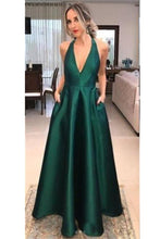 Load image into Gallery viewer, Deep V-Neck Simple Cheap Green Long Open Back Prom Dresses
