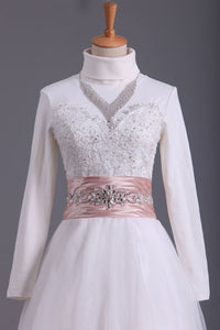 2024 Muslim Wedding Dresses Sweetheart A Line With Applique And Beads Organza