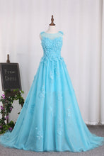 Load image into Gallery viewer, 2023 Bateau A Line Prom Dresses Tulle With Applique Sweep Train