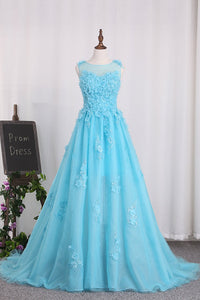 2023 Bateau A Line Prom Dresses Tulle With Applique Sweep Train