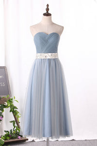 2024 Simple A-Line Tulle Prom Dress Sweetheart With Sash Tea Length