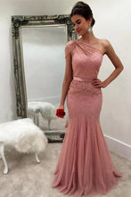 Load image into Gallery viewer, Charming Mermaid One Shoulder Tulle With Beads and Sash Prom SRS15630