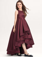 Load image into Gallery viewer, A-Line Satin Gabrielle Ruffle Scoop Junior Bridesmaid Dresses Asymmetrical With Neck