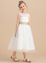 Load image into Gallery viewer, - Girl Flower Hole With Jaylee Tulle/Lace Dress Tea-length Flower Girl Dresses Sash/Bow(s)/Back Sleeveless Scoop Neck A-Line/Princess