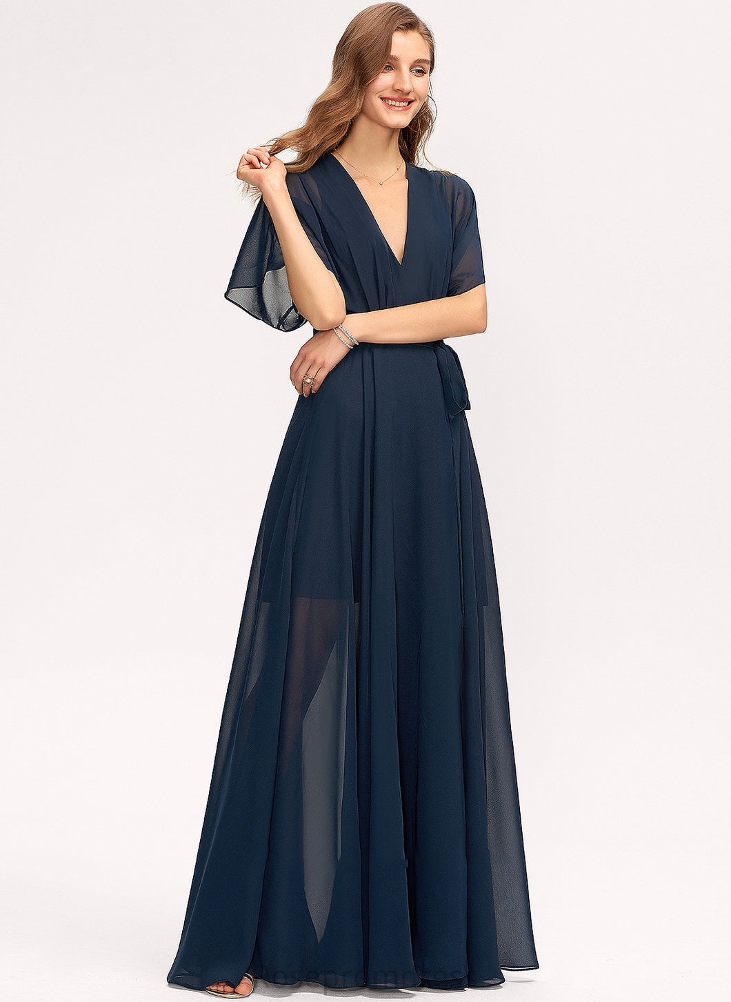 Length V-neck Neckline Embellishment Silhouette A-Line Fabric SplitFront Floor-Length Shelby Bridesmaid Dresses