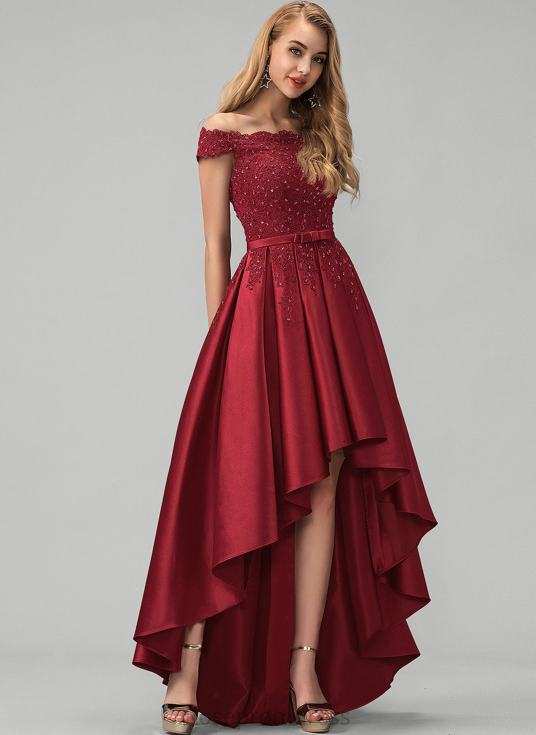 Satin Bow(s) Gillian Prom Dresses Beading Off-the-Shoulder Ball-Gown/Princess With Asymmetrical Sequins