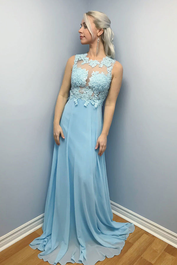 Charming Sky Blue Chiffon With Lace Appliques Floor Length Prom Dresses