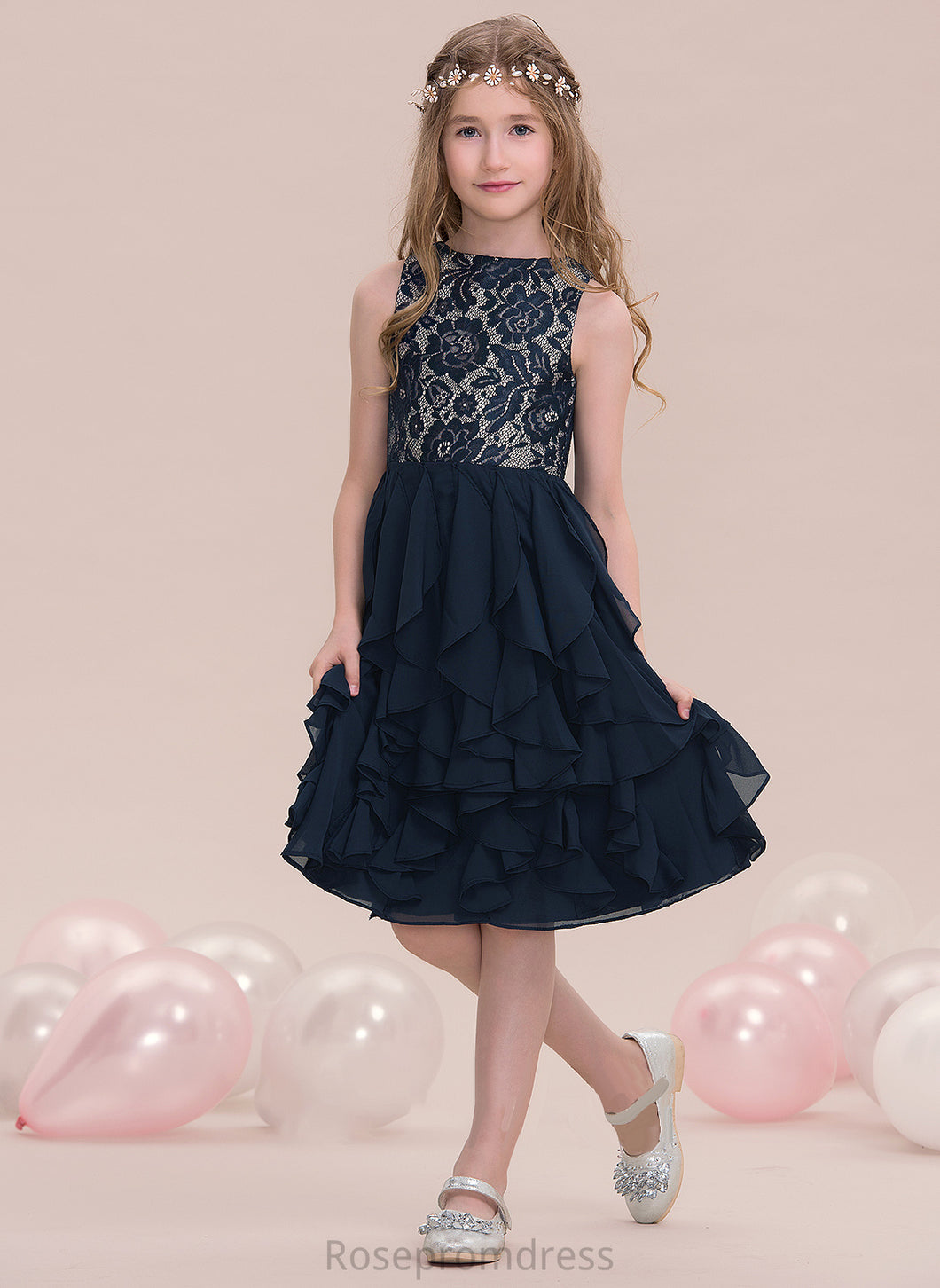 Knee-Length Ruffles A-Line Karlee Junior Bridesmaid Dresses Scoop Chiffon With Cascading Neck