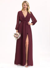 Load image into Gallery viewer, Fabric Pleated Length Bow(s) A-Line Embellishment V-neck Floor-Length Silhouette Neckline Violet Bridesmaid Dresses