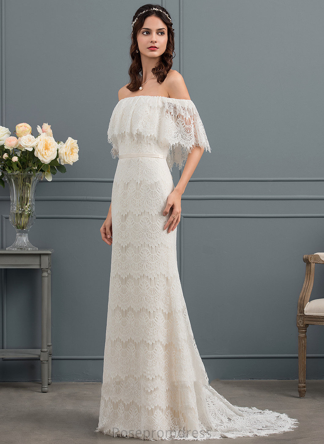Wedding Dresses Wedding Train Off-the-Shoulder Trumpet/Mermaid Lace Sweep Bow(s) With Jeanie Dress
