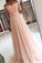 Pink A Line Brush Train Off Shoulder Half Sleeve Appliques Layers Tulle Prom Dresses