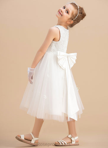 - Tea-length Neck Girl Flower Mayra A-Line Satin/Tulle Scoop With Bow(s) Flower Girl Dresses Sleeveless Dress
