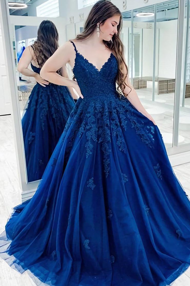 Blue Sleeveless Lace Appliques Long A Line Prom Dresses