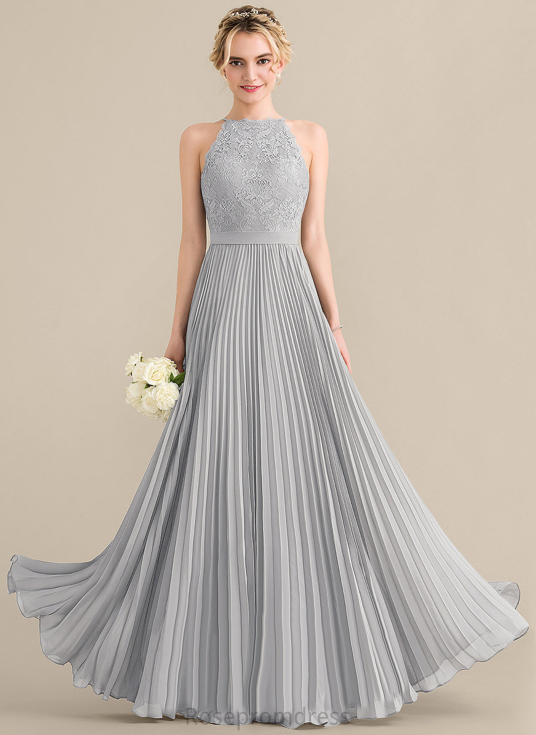 Phyllis Scoop With A-Line Chiffon Prom Dresses Pleated Floor-Length Lace