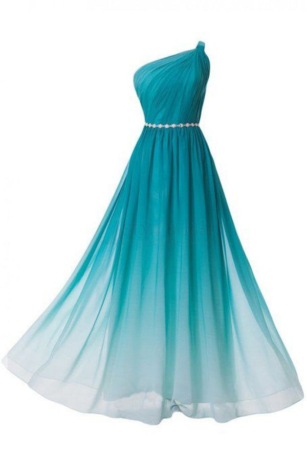 Ombre A Line Floor Length One Shoulder Sleeveless Chiffon Prom Dresses
