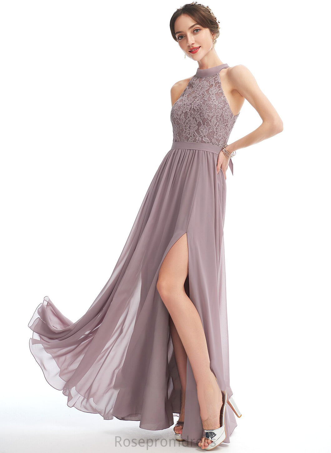 Fabric Embellishment Length A-Line Neckline SplitFront Floor-Length Silhouette Halter Zaria Scoop Natural Waist Bridesmaid Dresses