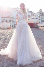 Load image into Gallery viewer, Tulle Scoop Neckline Pink A-line Lace Appliques Long Sleeves Bowknot Wedding Dresses RS311