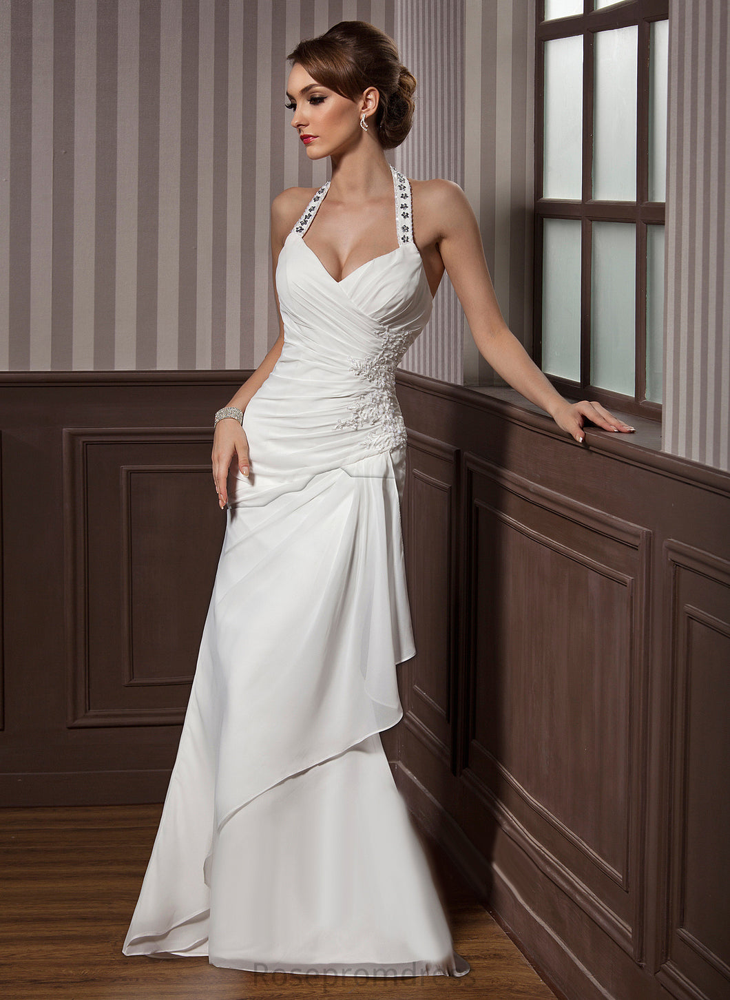 Wedding Appliques Sheath/Column Dress Halter Chiffon Valentina With Wedding Dresses Sequins Floor-Length Beading Ruffle Lace