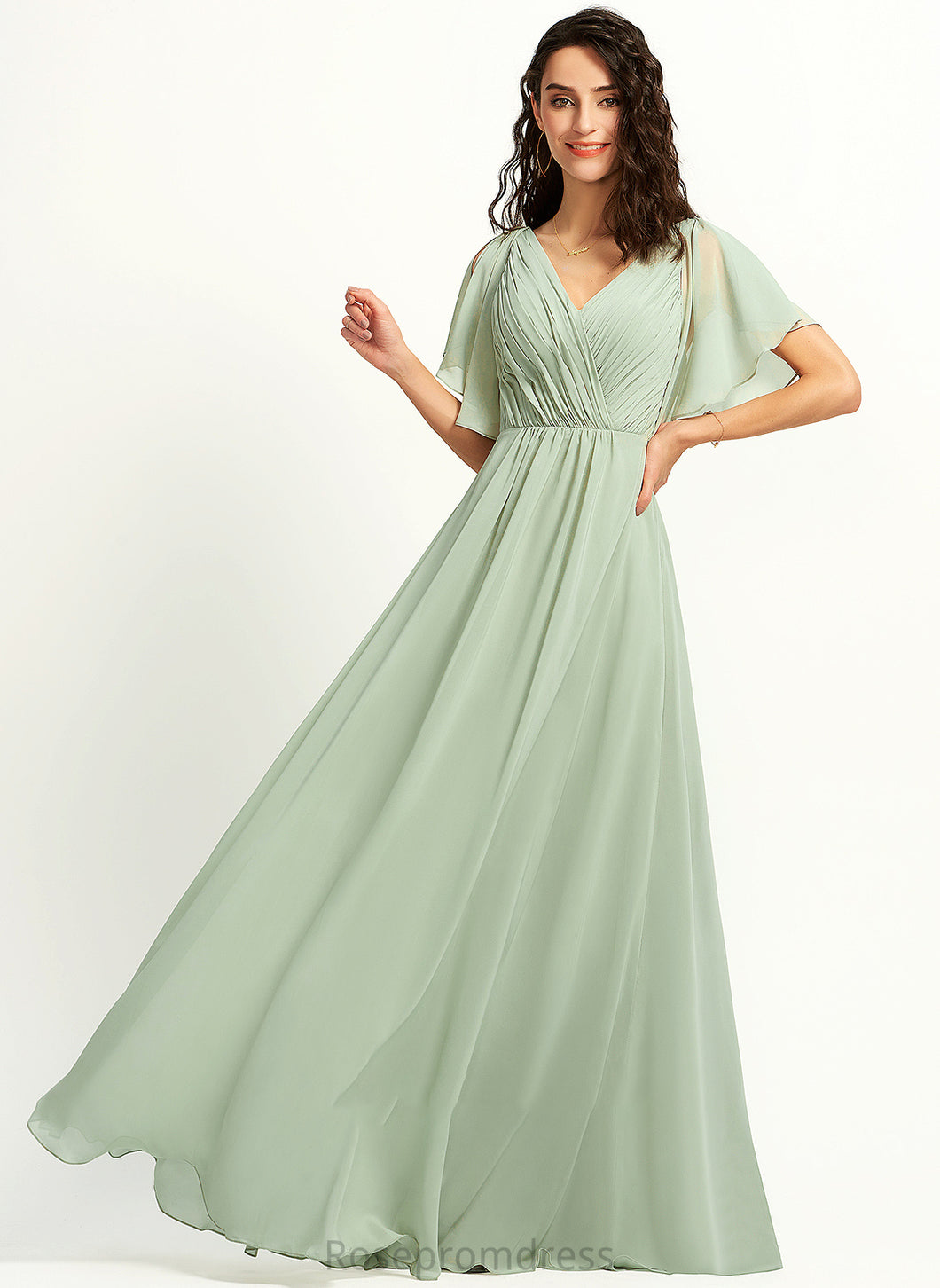 Embellishment V-neck Floor-Length Ruffle Silhouette Neckline Length Fabric A-Line Teagan Natural Waist Floor Length Bridesmaid Dresses
