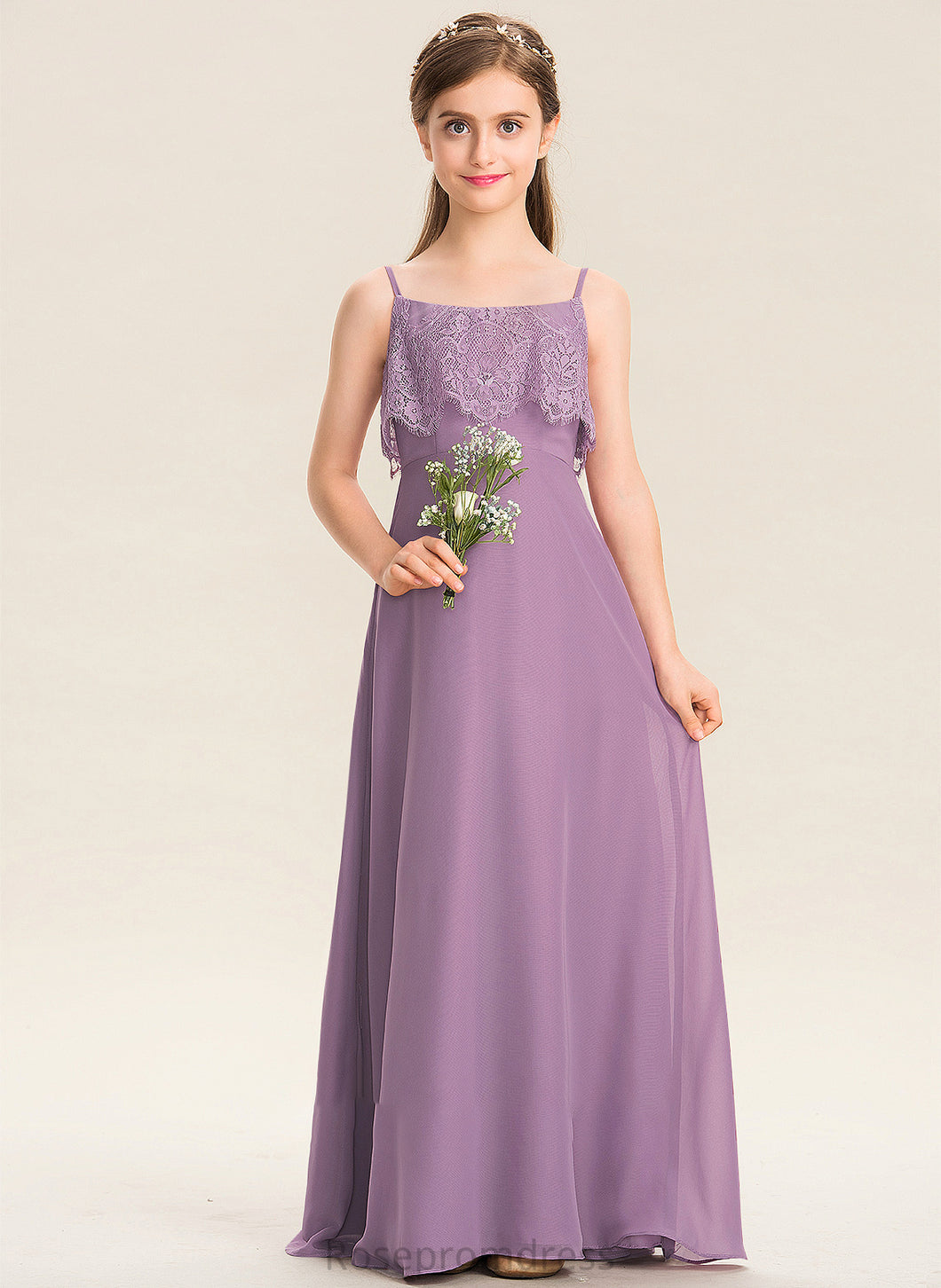 A-Line Neckline Chiffon Lace Floor-Length Alexandria Junior Bridesmaid Dresses Square