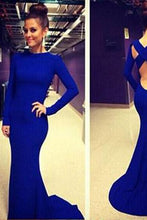 Load image into Gallery viewer, Open Back White Prom Dresses With Long Sleeves Tight Backless Royal Blue Prom Gown RS153